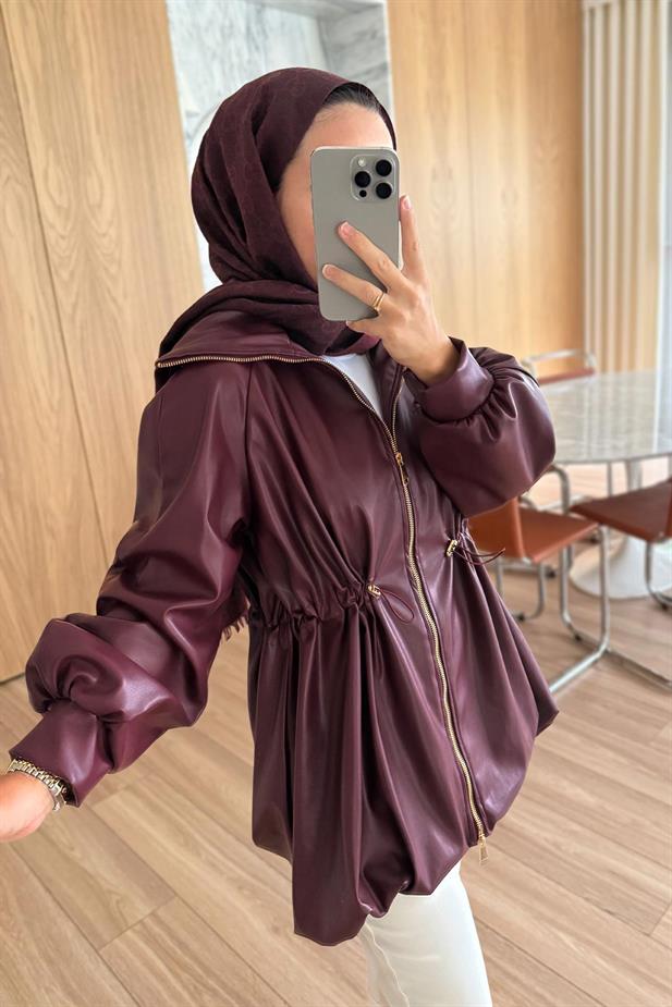 Beli Büzgülü Deri Ceket - Bordo