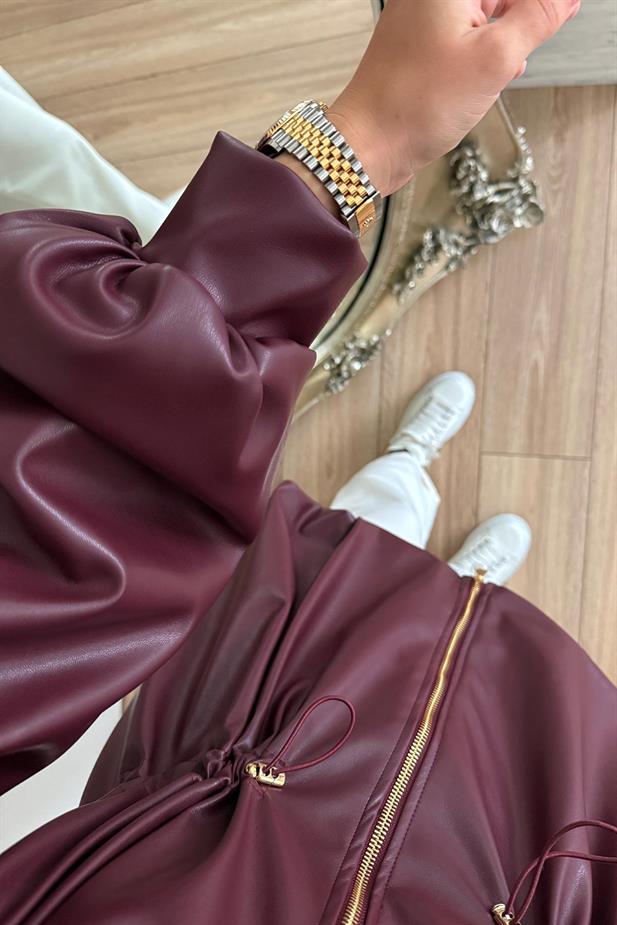 Beli Büzgülü Deri Ceket - Bordo