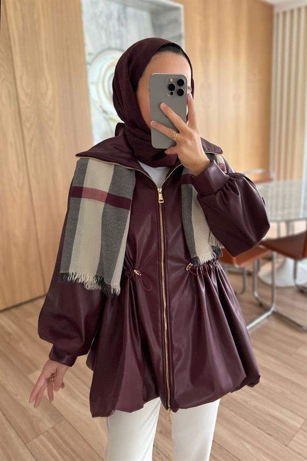 Beli Büzgülü Deri Ceket - Bordo