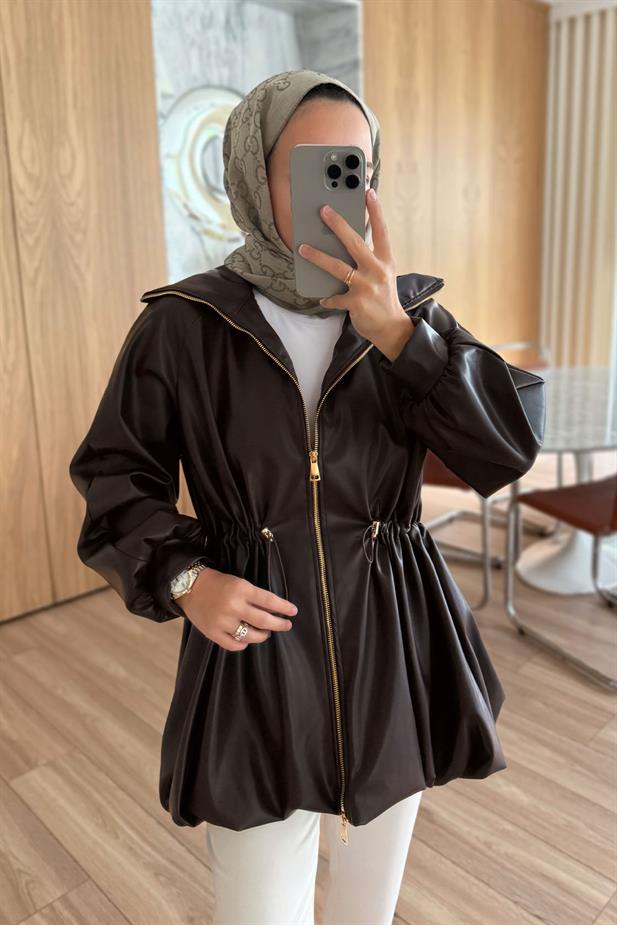 Beli Büzgülü Deri Ceket - Kahverengi