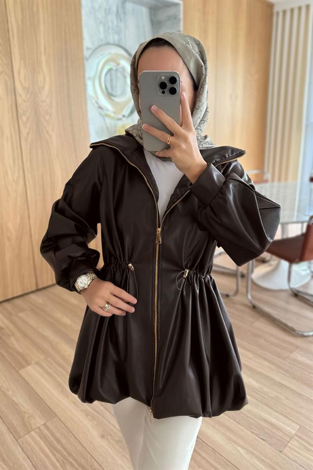 Beli Büzgülü Deri Ceket - Kahverengi