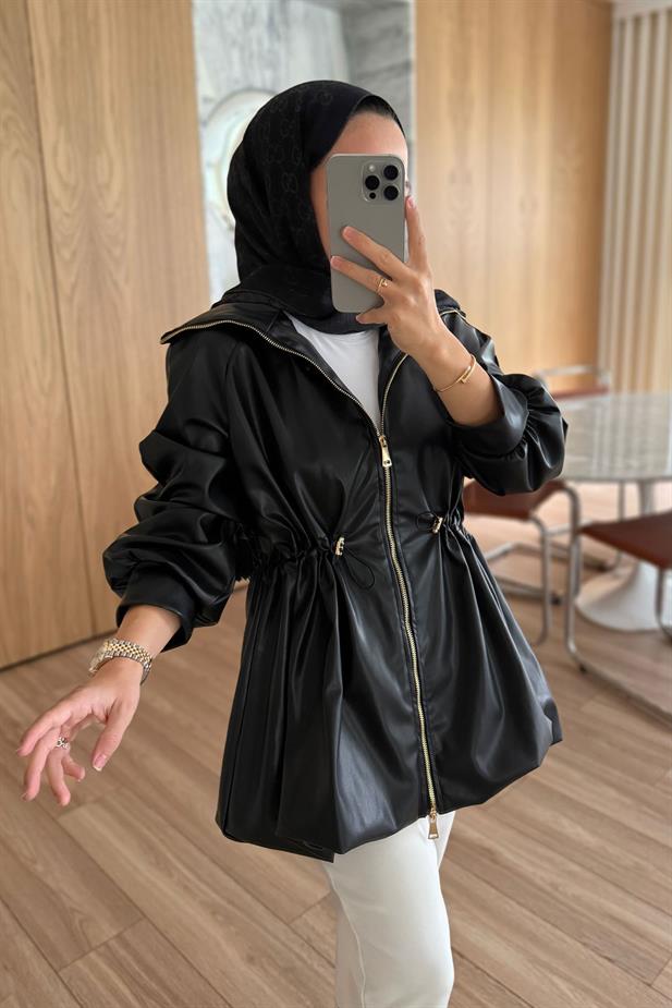 Beli Büzgülü Deri Ceket - Siyah