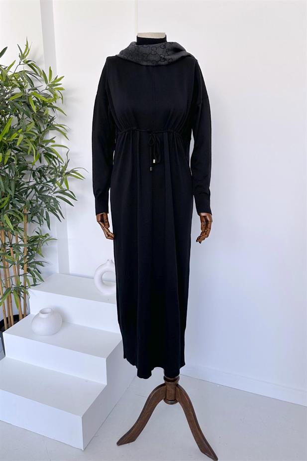 Beli Tünelli Merserize Elbise - Siyah