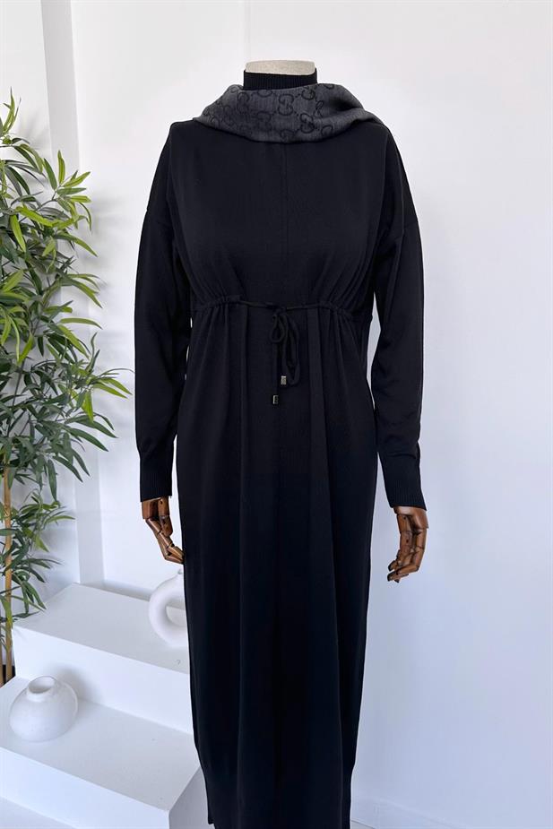 Beli Tünelli Merserize Elbise - Siyah