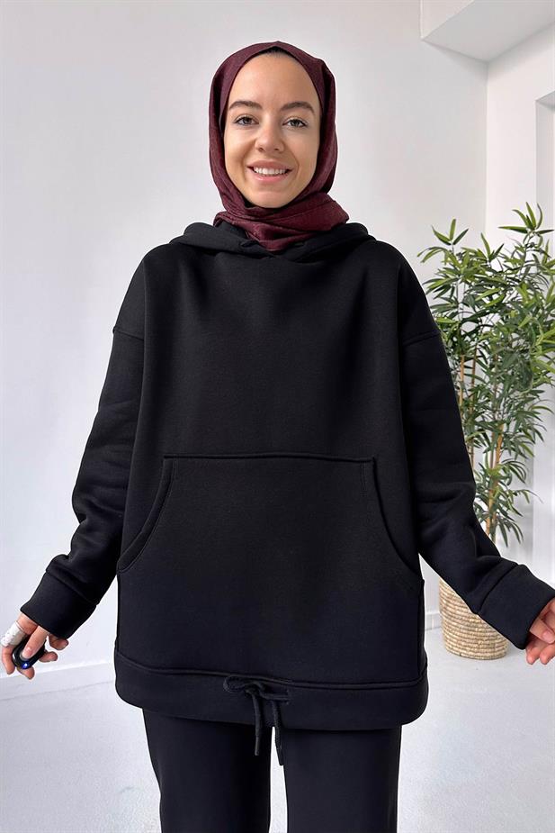 Bileği Lastikli 3 İplik Eşofman Takımı - Siyah