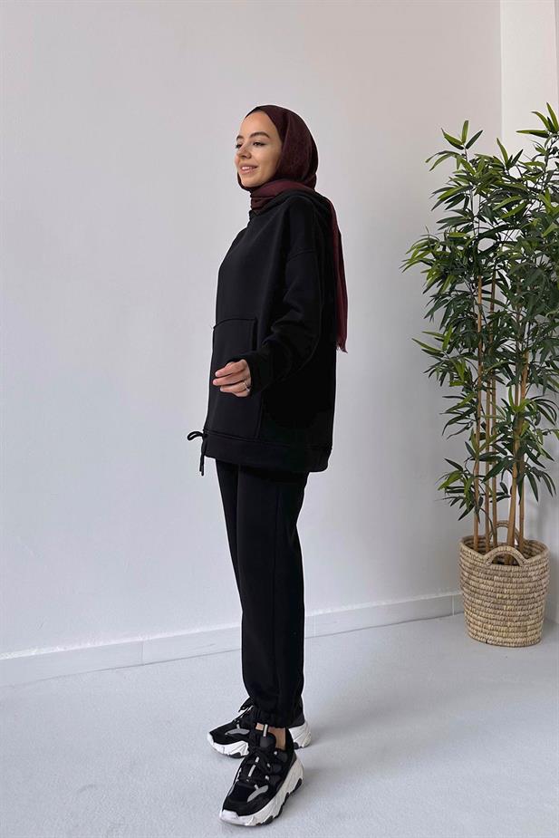 Bileği Lastikli 3 İplik Eşofman Takımı - Siyah