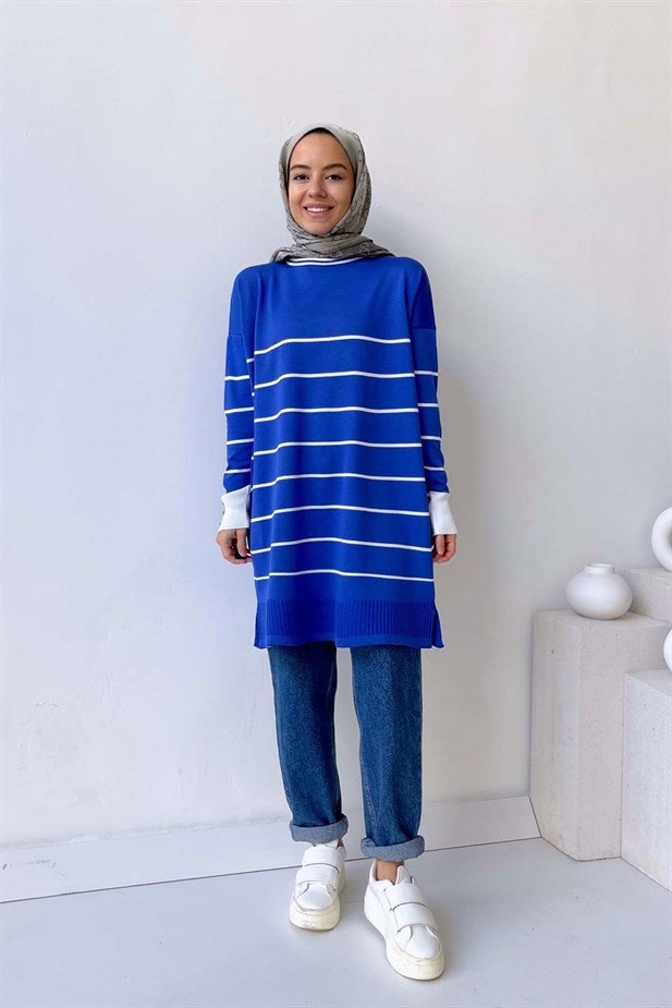 Bisiklet Yaka Çizgili Merserize Tunik - İndigo