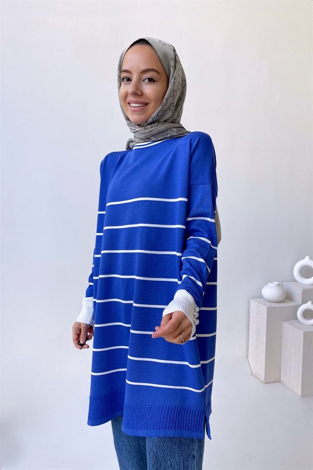 Bisiklet Yaka Çizgili Merserize Tunik - İndigo