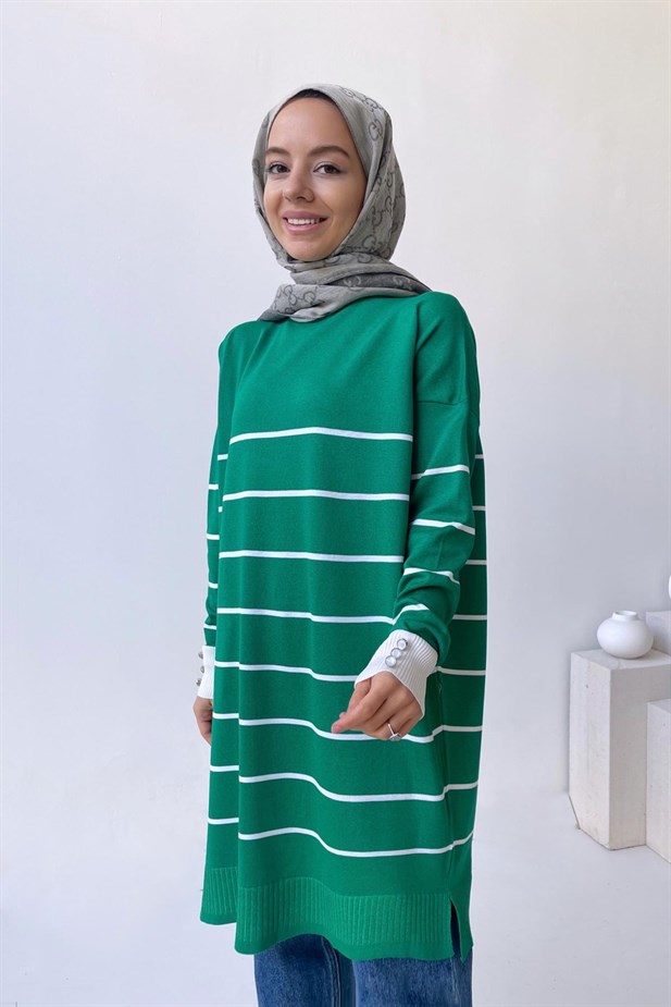 Bisiklet Yaka Çizgili Merserize Tunik - Yeşil