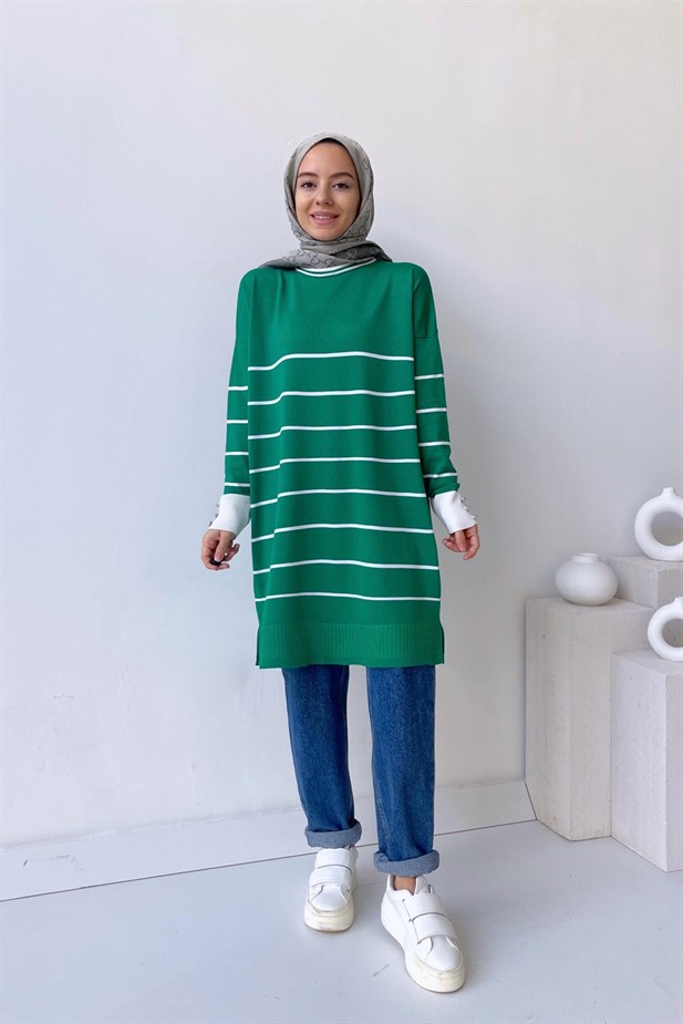 Bisiklet Yaka Çizgili Merserize Tunik - Yeşil