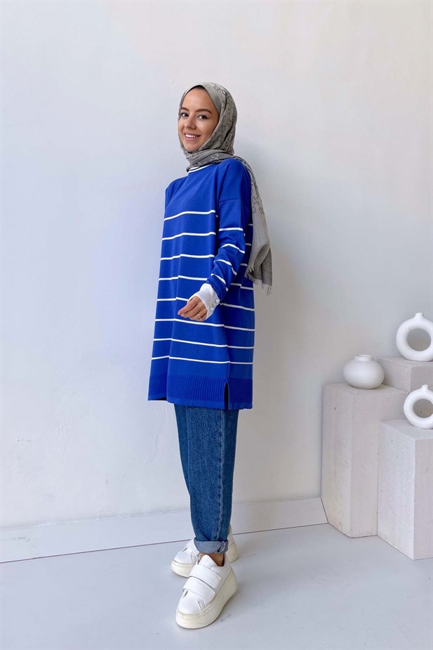 Bisiklet Yaka Çizgili Merserize Tunik - İndigo