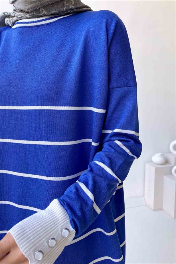 Bisiklet Yaka Çizgili Merserize Tunik - İndigo