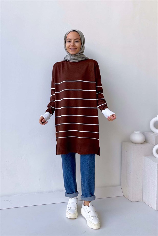 Bisiklet Yaka Çizgili Merserize Tunik - Kahverengi