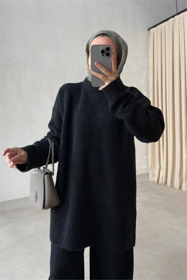 Bisiklet Yaka Oversize Triko Kazak - Antrasit