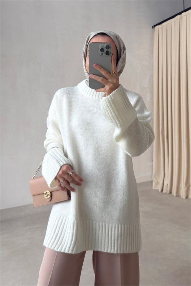 Bisiklet Yaka Oversize Triko Kazak - Ekru