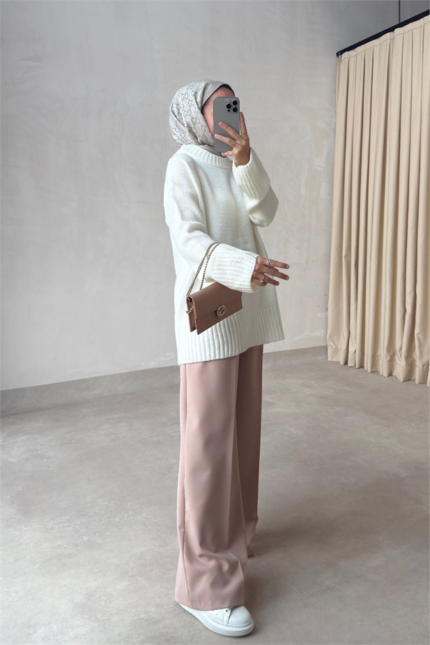 Bisiklet Yaka Oversize Triko Kazak - Ekru