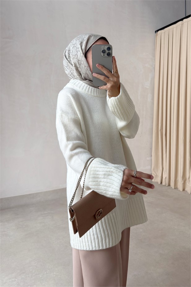 Bisiklet Yaka Oversize Triko Kazak - Ekru