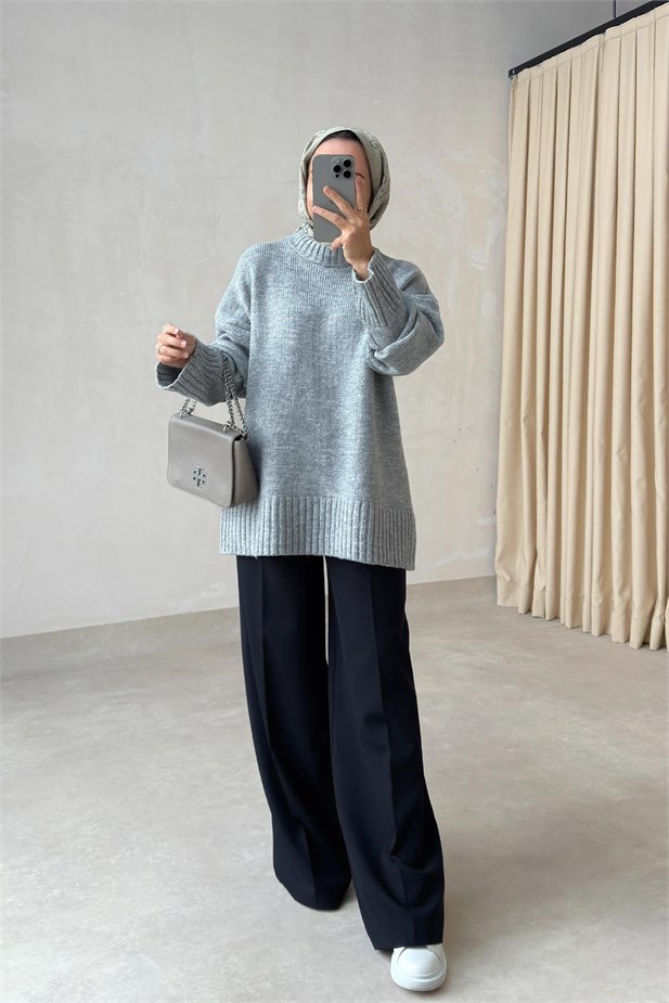 Bisiklet Yaka Oversize Triko Kazak - Gri