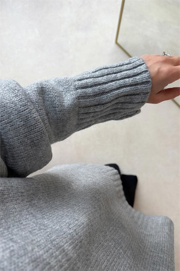 Bisiklet Yaka Oversize Triko Kazak - Gri