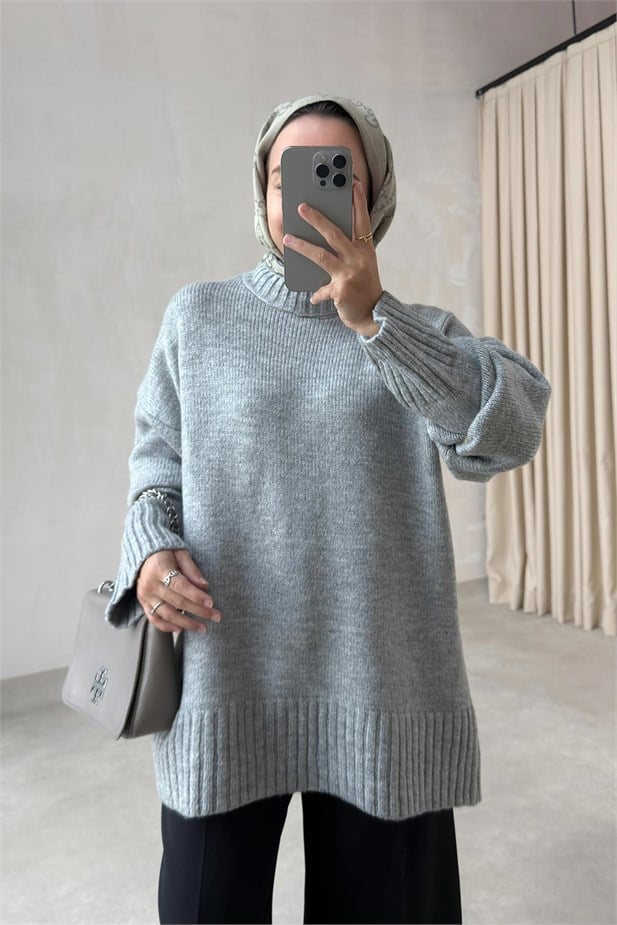 Bisiklet Yaka Oversize Triko Kazak - Gri