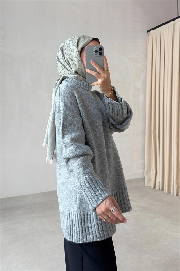 Bisiklet Yaka Oversize Triko Kazak - Gri