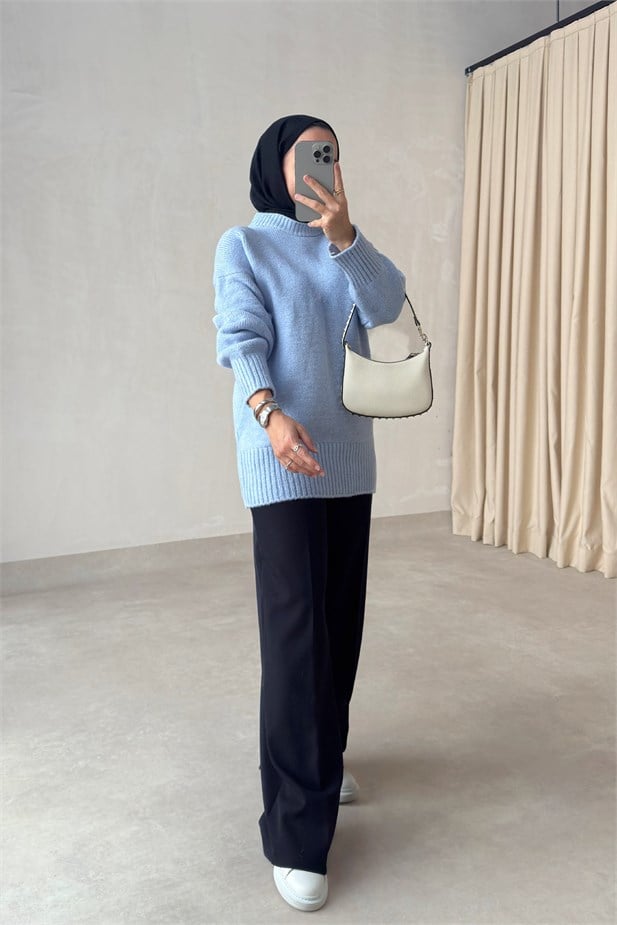 Bisiklet Yaka Oversize Triko Kazak - Mavi