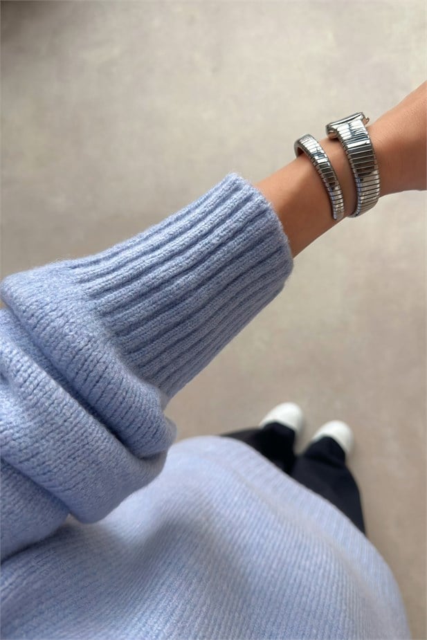 Bisiklet Yaka Oversize Triko Kazak - Mavi