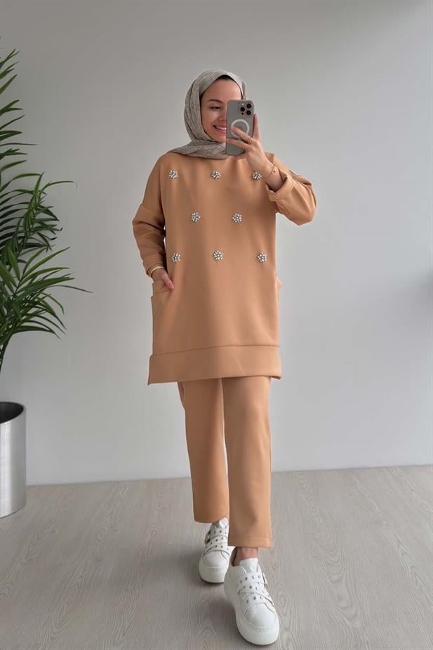 Bisiklet Yaka Taşlı Scuba Takım - Camel