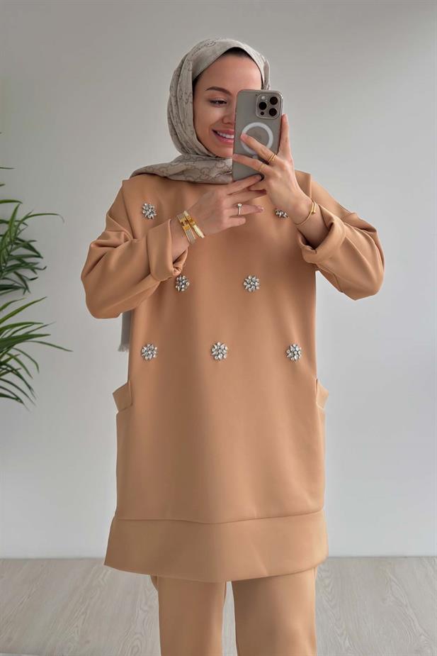 Bisiklet Yaka Taşlı Scuba Takım - Camel