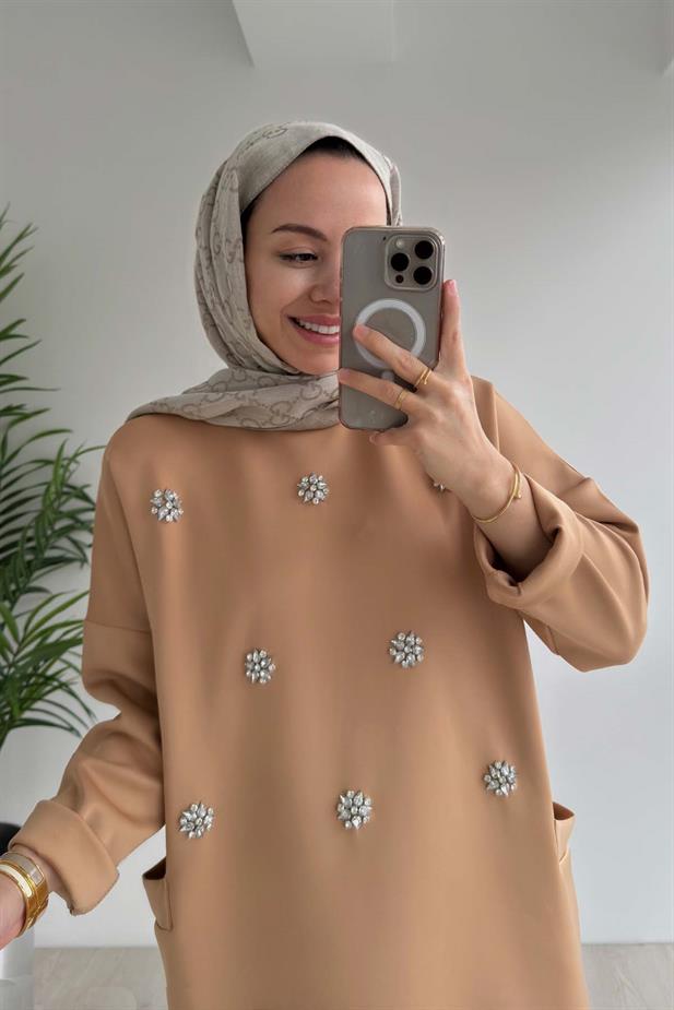 Bisiklet Yaka Taşlı Scuba Takım - Camel