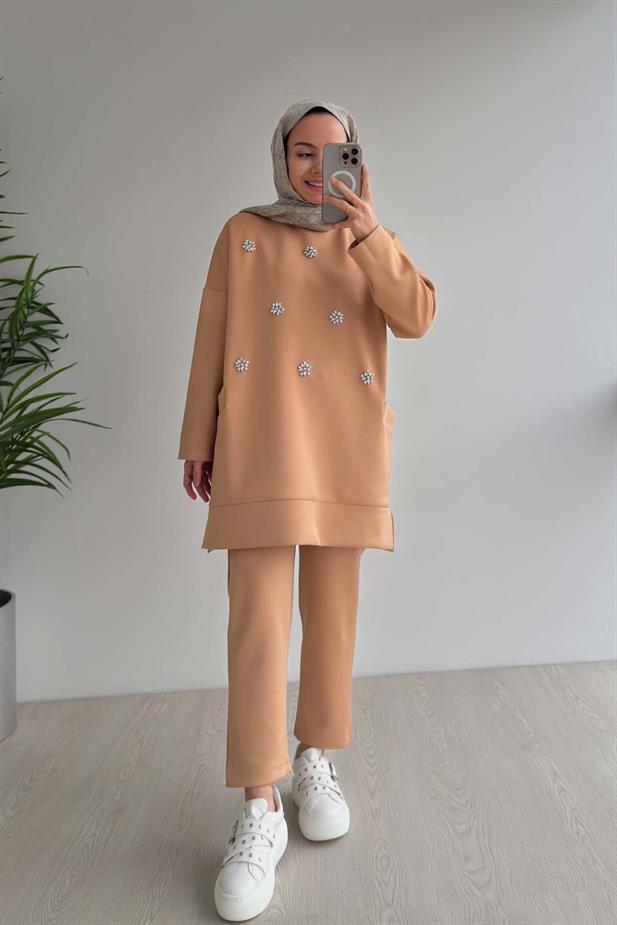 Bisiklet Yaka Taşlı Scuba Takım - Camel
