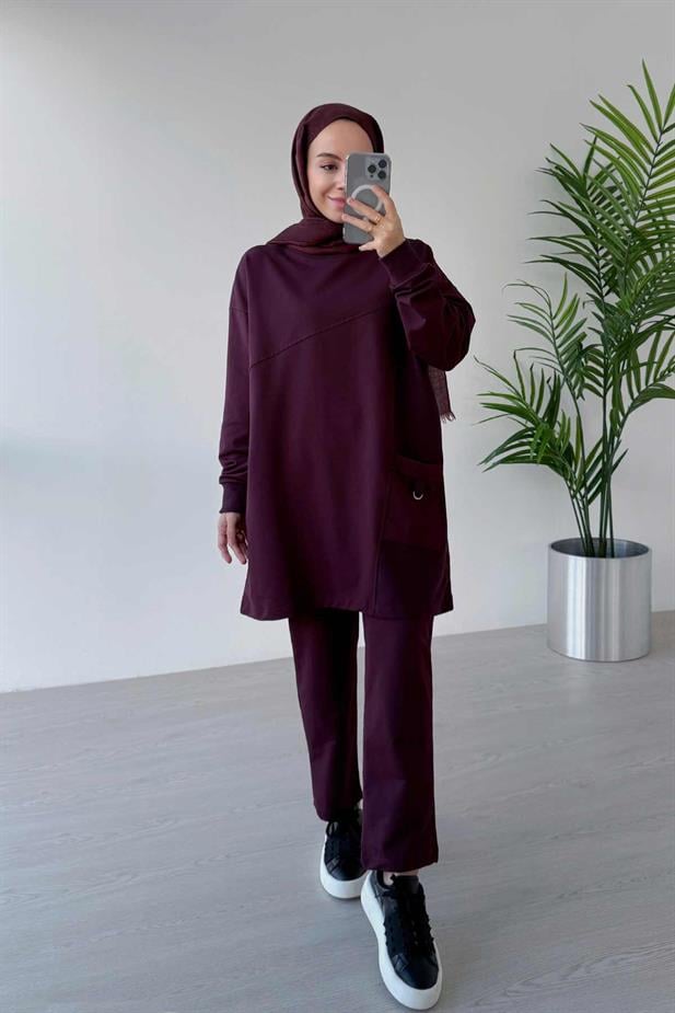 Bisiklet Yaka Tek Cep İki İplik Takım - Bordo