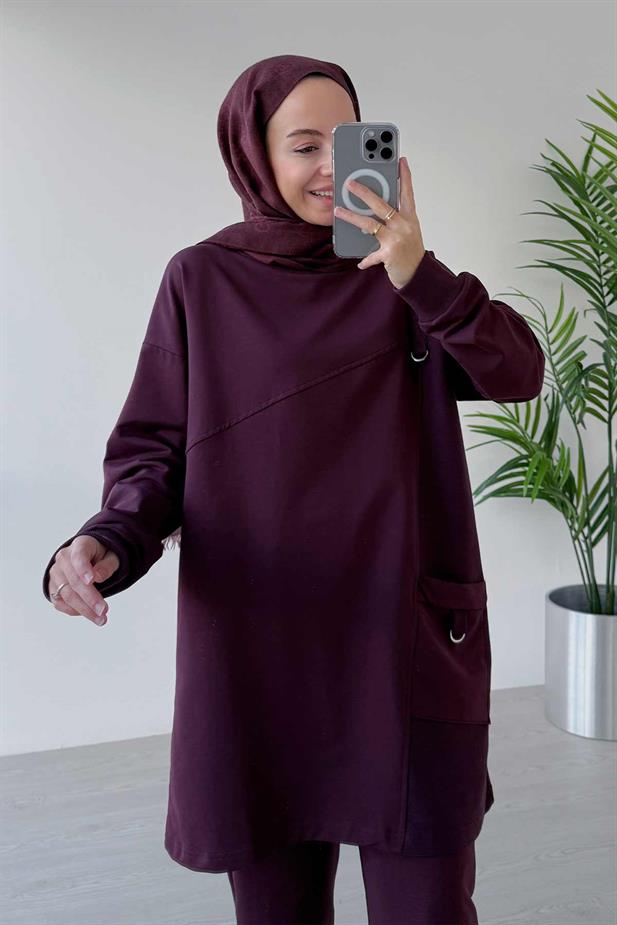 Bisiklet Yaka Tek Cep İki İplik Takım - Bordo