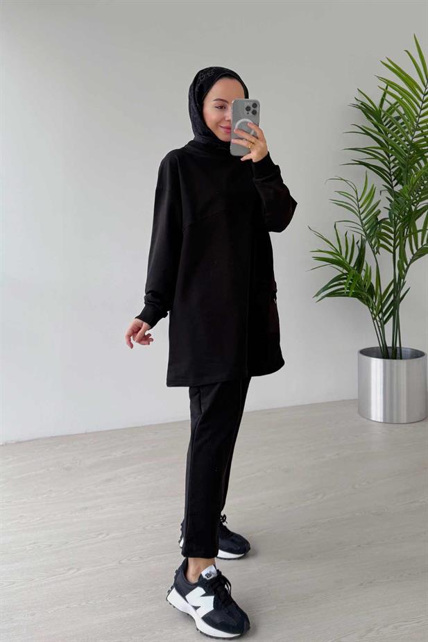 Bisiklet Yaka Tek Cep İki İplik Takım - Siyah