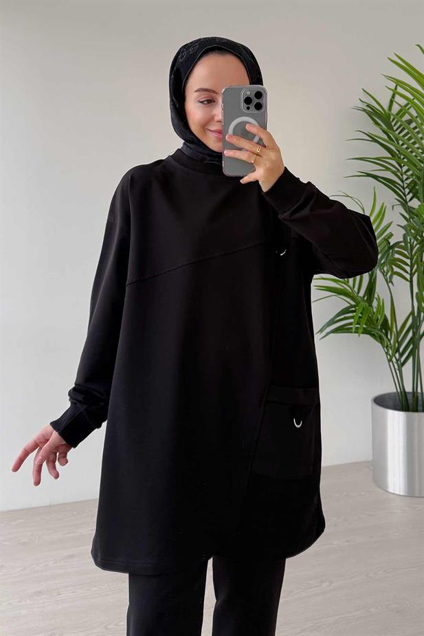 Bisiklet Yaka Tek Cep İki İplik Takım - Siyah