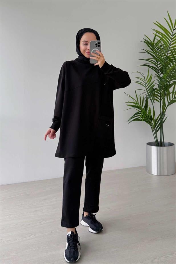 Bisiklet Yaka Tek Cep İki İplik Takım - Siyah