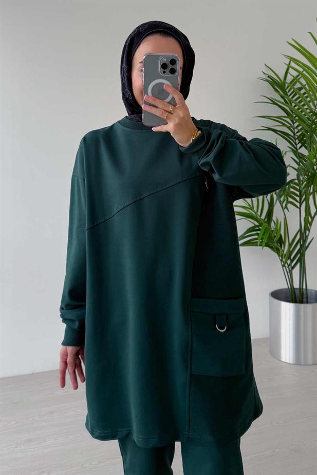 Bisiklet Yaka Tek Cep İki İplik Takım - Zümrüt