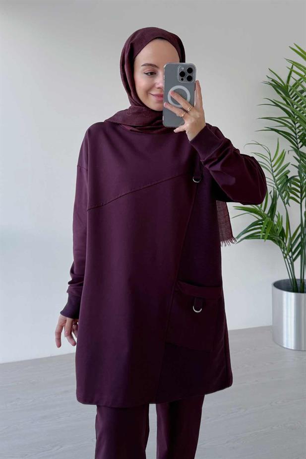 Bisiklet Yaka Tek Cep İki İplik Takım - Bordo