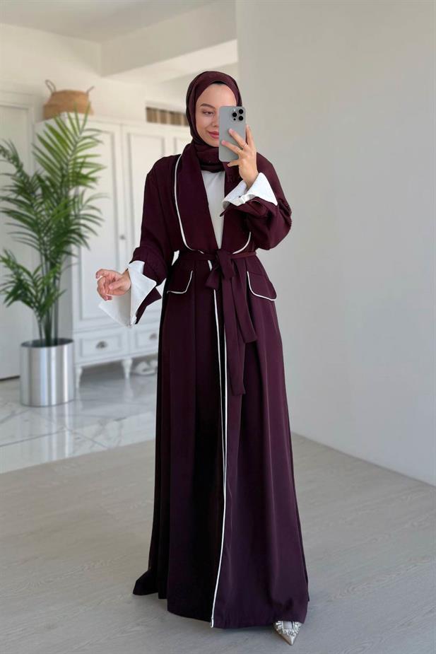 Biye Detay Bağlamalı Abaya - Bordo