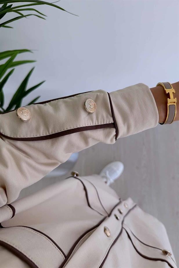 Biyeli Düğme Detay İki İplik Takım - Bej