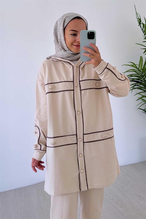 Biyeli Düğme Detay İki İplik Takım - Bej