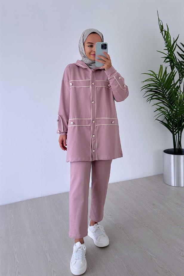 Biyeli Düğme Detay İki İplik Takım - Pembe