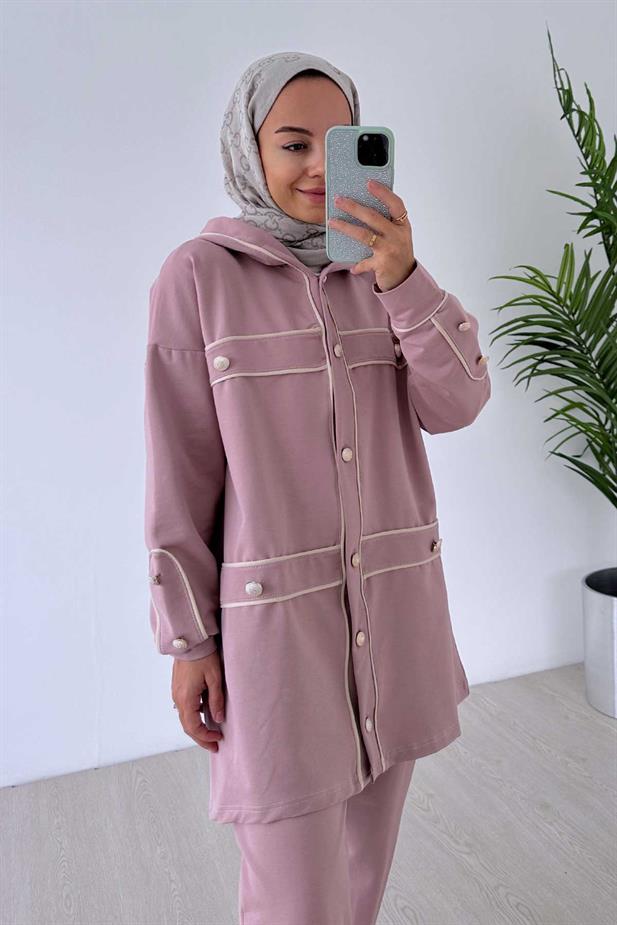 Biyeli Düğme Detay İki İplik Takım - Pembe