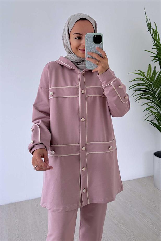 Biyeli Düğme Detay İki İplik Takım - Pembe