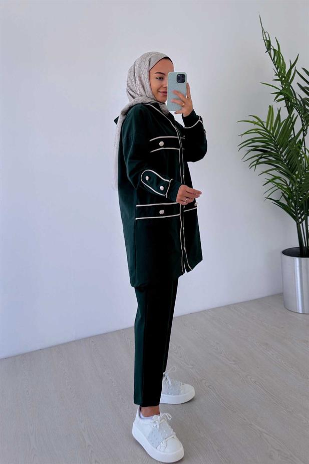 Biyeli Düğme Detay İki İplik Takım - Zümrüt