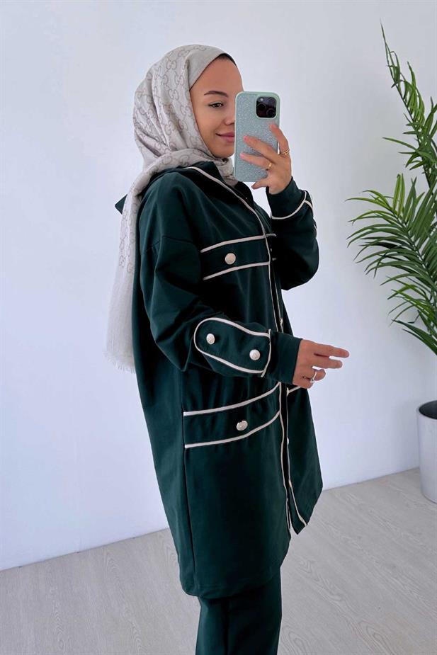 Biyeli Düğme Detay İki İplik Takım - Zümrüt