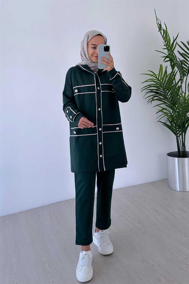 Biyeli Düğme Detay İki İplik Takım - Zümrüt