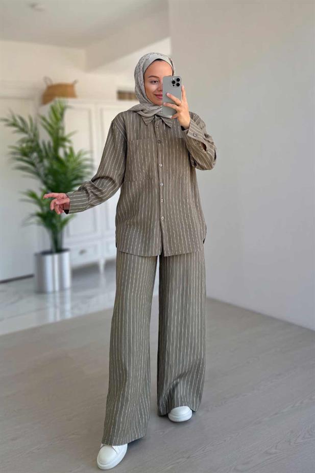 Bol Paça Çizgili Takım - Haki