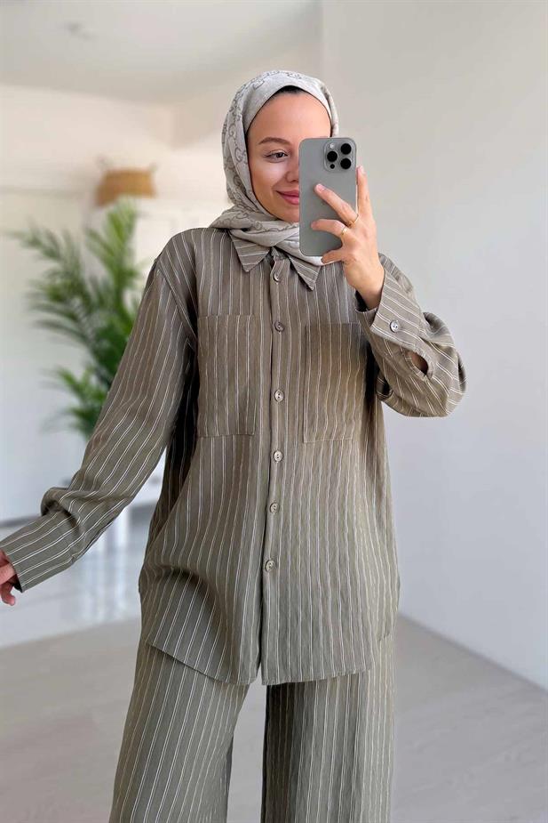 Bol Paça Çizgili Takım - Haki