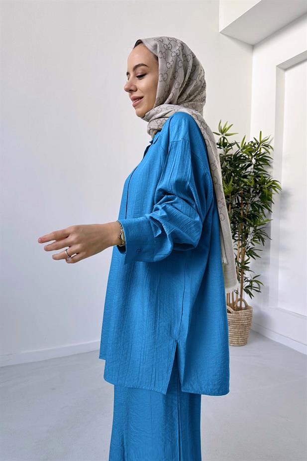 Bol Paça Gömlek&Pantolon Takım - Mavi